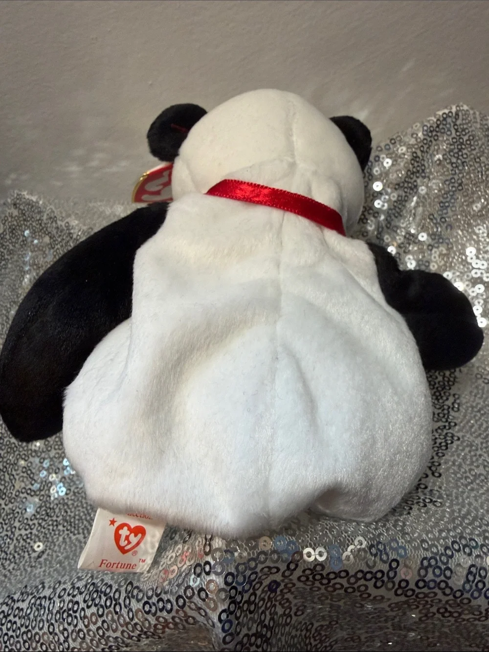 NWT Ty Fortune the Panda Bear Beanie Baby Plush with Red Ribbon